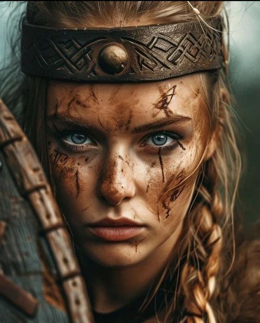 A warrior woman with a tooled leather headband and a mud-streaked face